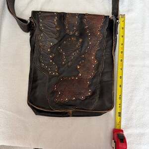 Vintage Handmade Artisan Studded Distressed Leather Crossbody Messenger Flap Bag